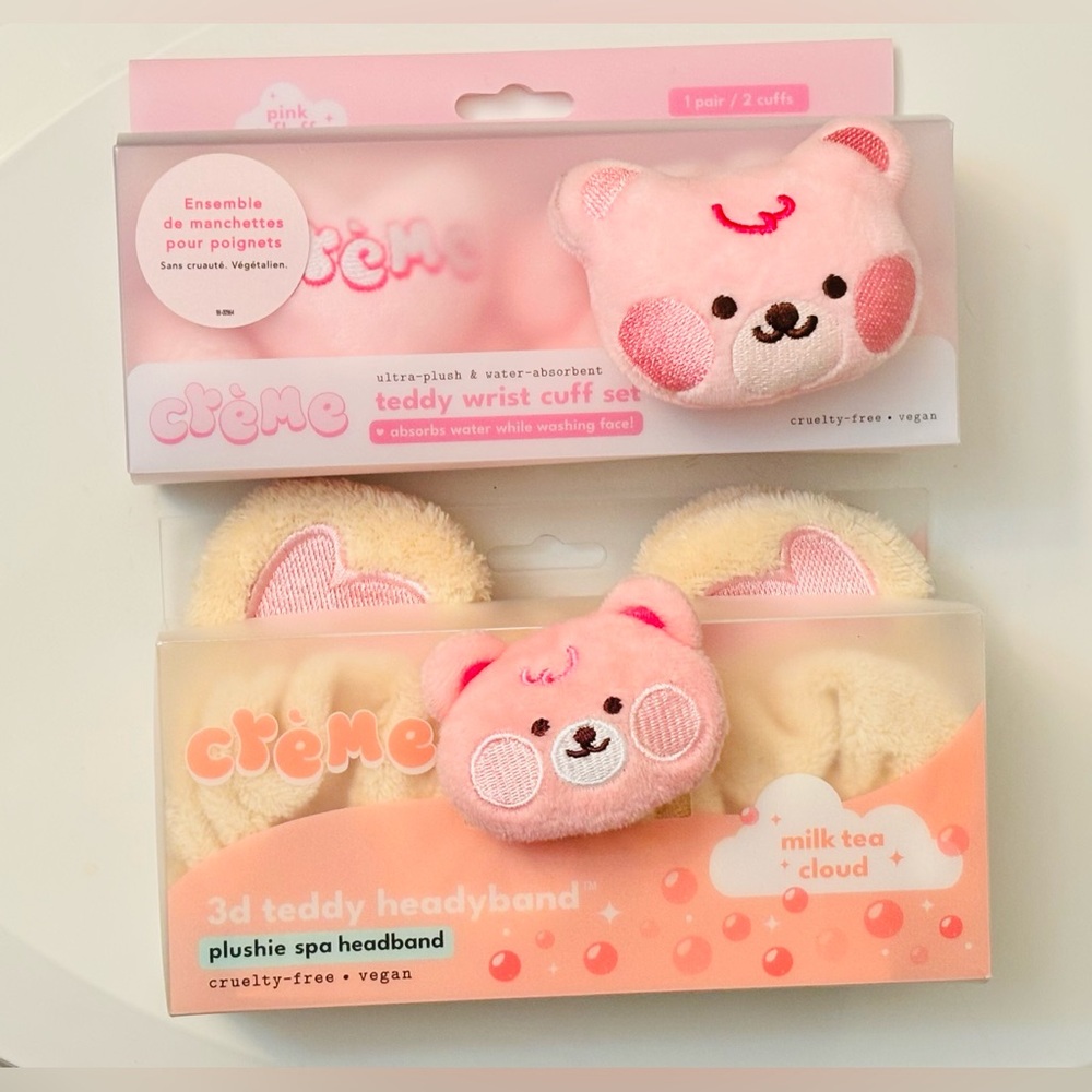 Set of The Crème Shop Plush Teddy Spa Wrist Cuffs & Headband